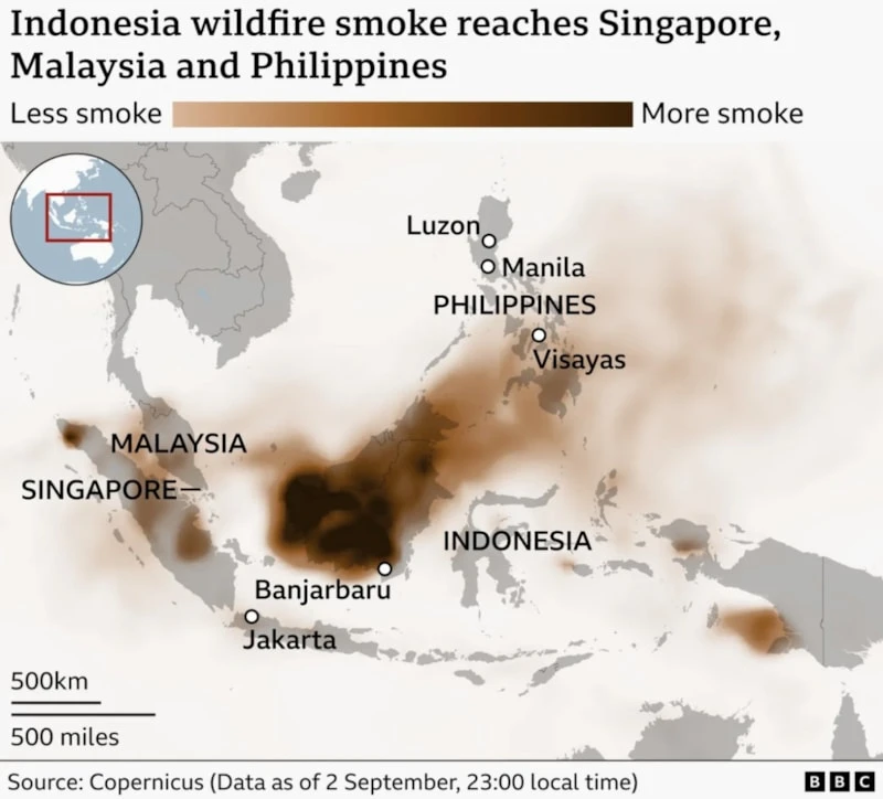 İndoneziyada meşə yanğınları, El-Ninyo, Cənub-Şərqi Asiya, zəhərli tüstü, hava çirklənməsi, Sumatra, Borneo, meşə yanğınları