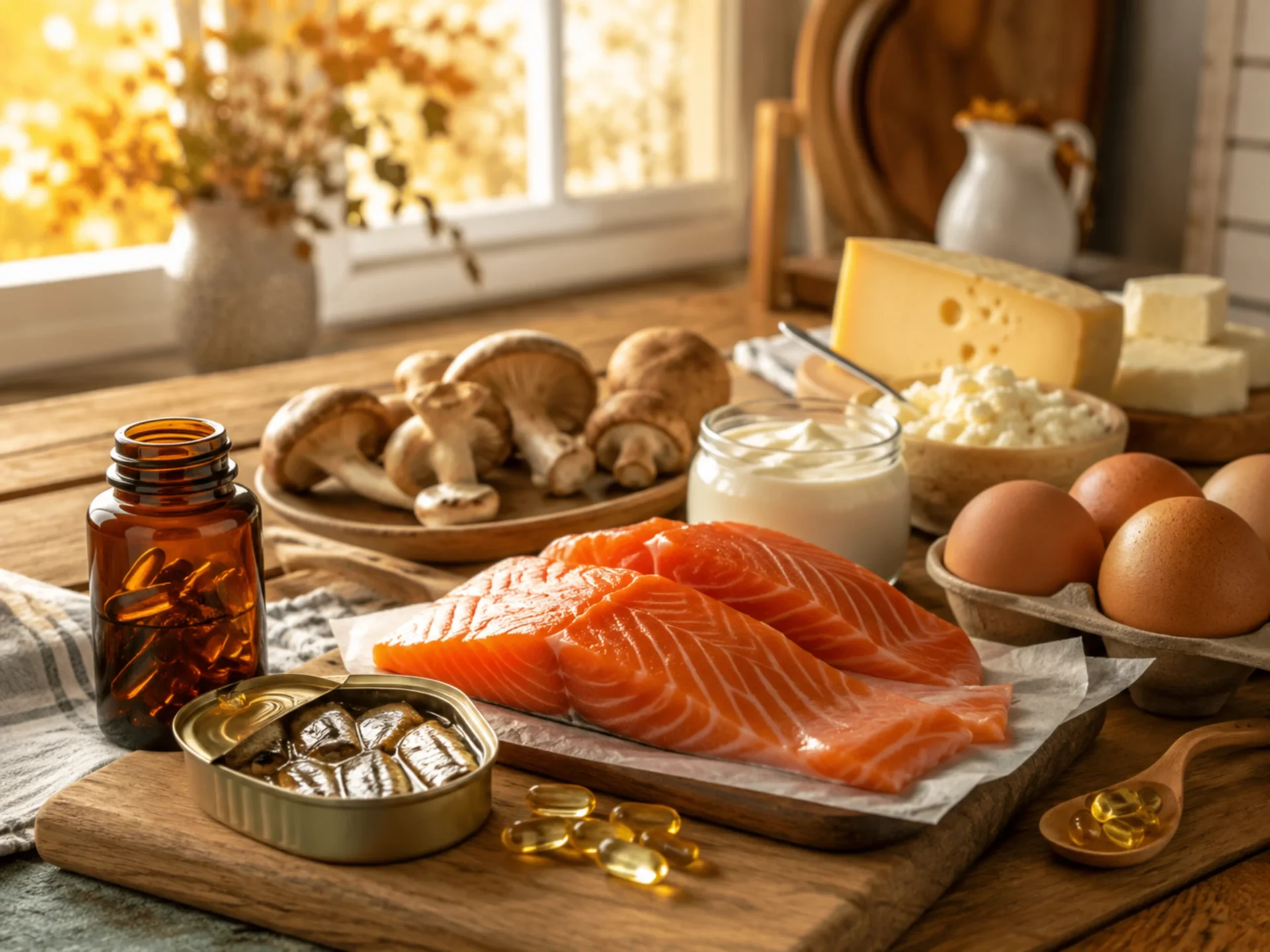 D vitamini, D vitamini mənbələri, D vitamini olan qidalar, yağlı balıq, yumurta sarısı, göbələk, zənginləşdirilmiş süd, vitamin çatışmazlığı